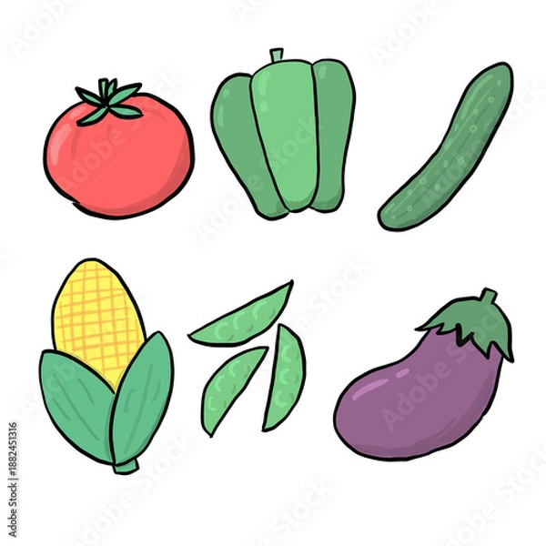 Obraz かわいい夏野菜のイラストセット | トマト・なす・きゅうり・とうもろこし