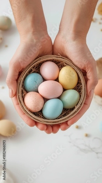 Fototapeta Hands holding decorated easter eggs