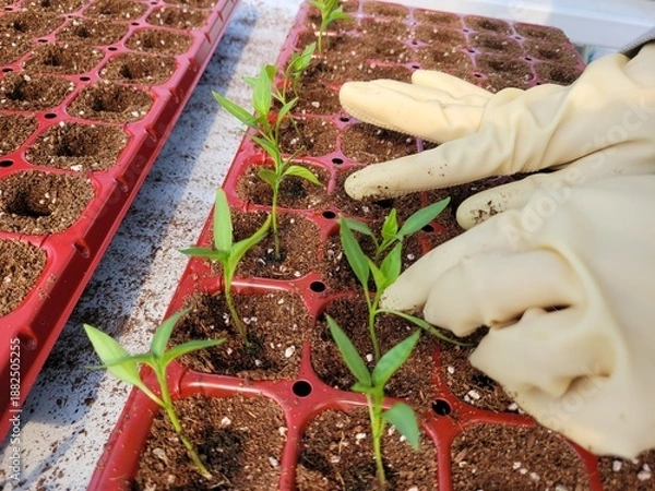 Fototapeta 따뜻한 봄기운 속 풍년을 기원하며 어린 모종을 정성스레 옮겨심는 농부의 분주한 손길