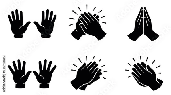 Fototapeta Solid icon hand set featuring open palms, clapping, and praying hands for communication and expression