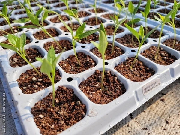 Fototapeta 따스한 햇살이 내리쬐는 온실 안에서 질서 정연하게 자라나는 연둣빛 새싹들과 다가오는 봄의 싱그러운 생명력