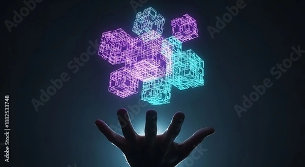 Obraz Future technology & connectivity hand interacting with data cubes.