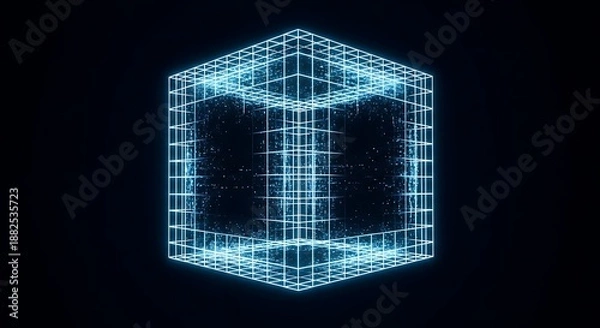 Obraz Futuristic data cube exploring digital information within a wireframe grid.