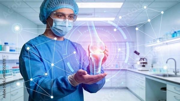 Obraz Surgeon examining knee joint in lab