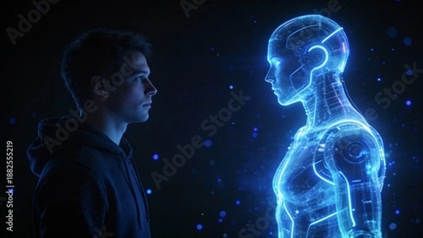 Obraz Man facing a glowing humanoid robot