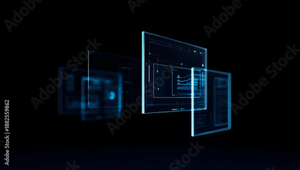 Obraz Futuristic digital interface with glowing blue screens and data visualizations on dark background