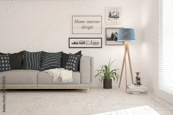 Fototapeta Idea of white room with sofa and summer landscape in window. Scandinavian interior design. 3D illustration