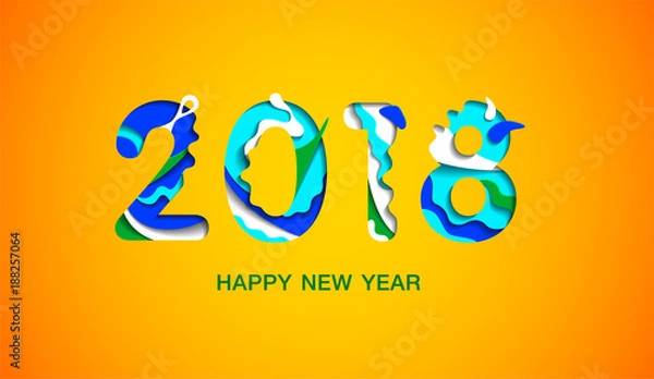 Fototapeta 2018 Happy New Year poster template with abstract paper cut shapes. Year of the dog!  Design for your banner brochure or voucher discount.