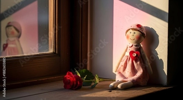 Obraz Doll sitting by window with red rose and reflection
