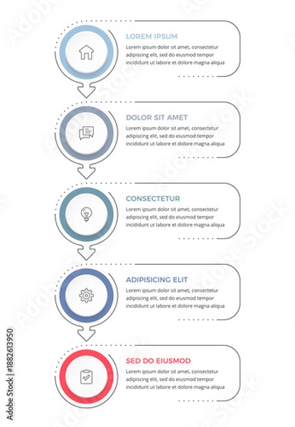 Obraz Vertical five step process infographic with circular elements connected by arrows, showing a sequential process or workflow