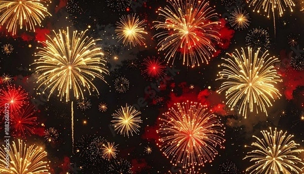 Obraz Golden and Red Fireworks Exploding in Night Sky