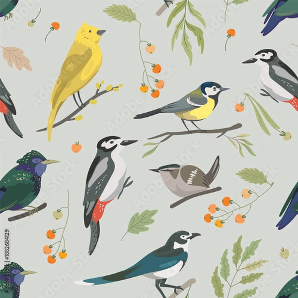 Obraz Seamless pattern with forest birds, leaves, berry