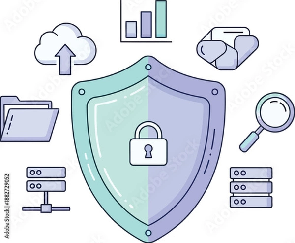 Obraz Digital Security and Data Protection Concepts Featuring Shield Lock and Cloud Storage Icons