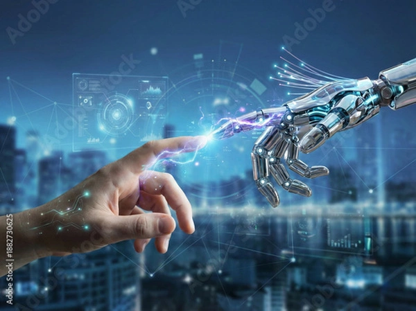 Obraz Glowing blue circuit hands connect technology interface