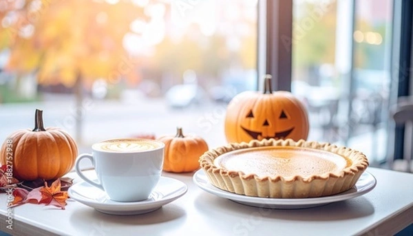 Fototapeta 秋のハロウィンカフェ・パンプキンパイとコーヒー
