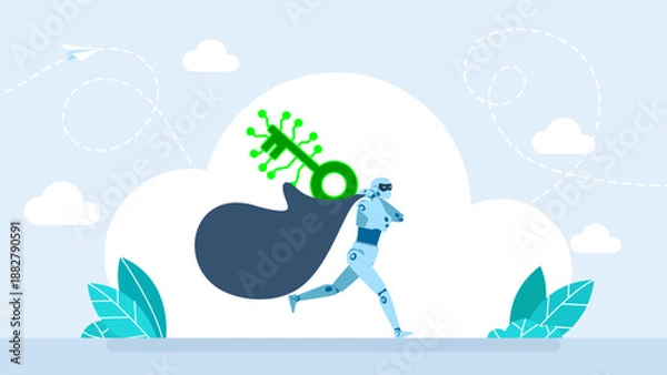Obraz Hacker robot. Artificial intelligence steals digital access key. Bad bot breaking lock. Password hacking software, artificial intelligence technology. Humanoid robot cybernetic AI. Vector illustration