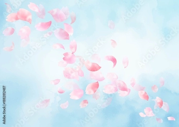 Obraz 水彩 春の青空に舞い散る桜の花びらの背景　フレーム