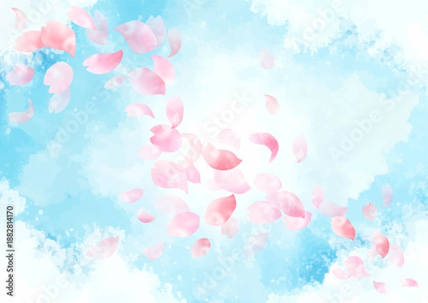 Obraz 水彩 春の青空に舞い散る桜の花びらの背景　フレーム