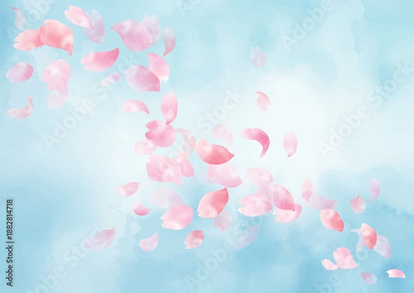 Obraz 水彩 春の青空に舞い散る桜の花びらの背景　フレーム