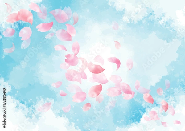 Obraz 水彩 春の青空に舞い散る桜の花びらの背景　フレーム