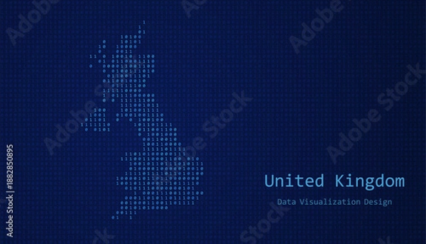 Obraz United Kingdom map made of binary code on tech blue background
