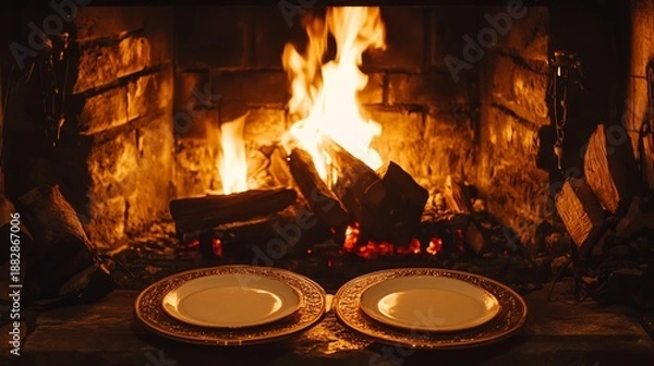 Obraz Fireplace setting with two plates and warm lighting .
