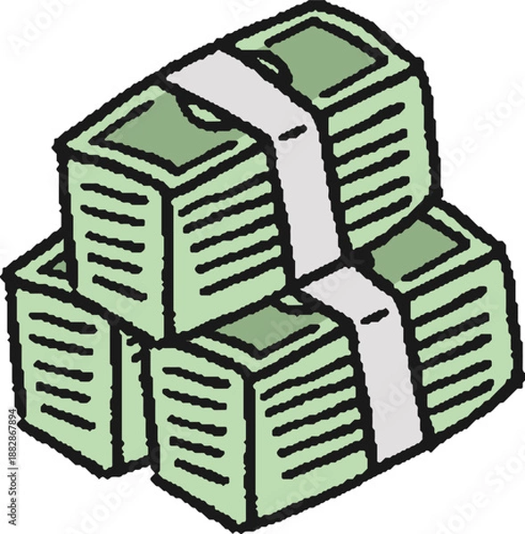 Obraz 積まれた紙幣の束の手描きイラスト
