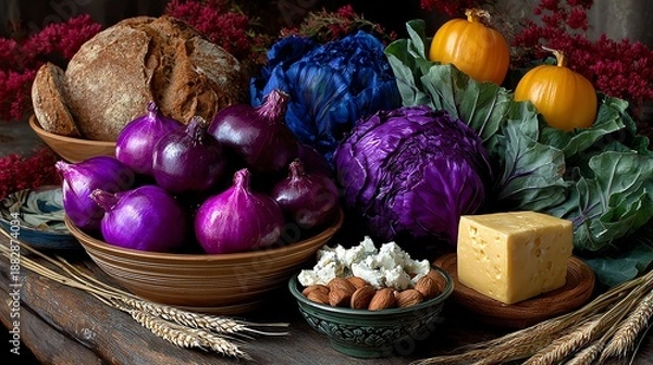 Fototapeta Onions cabbage cheese and bread