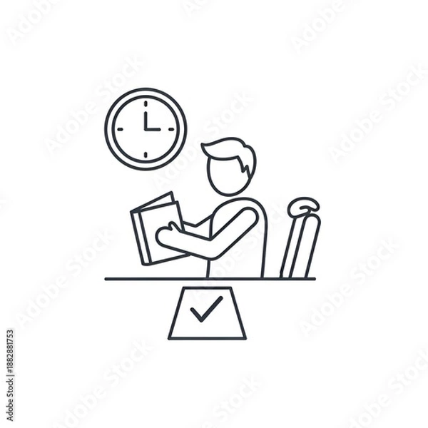 Obraz Student studying with a clock and a checkmark, symbolizing time management and task completion.