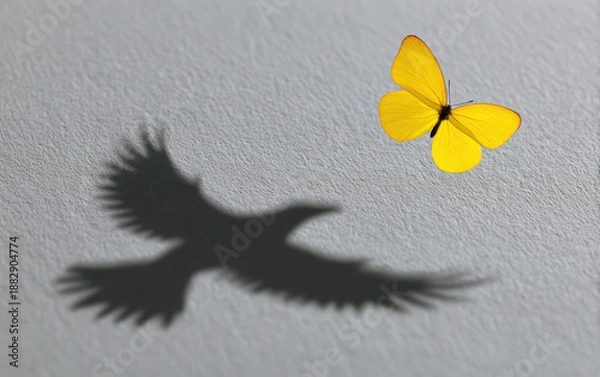 Obraz Yellow butterfly with eagle shadow on a gray background