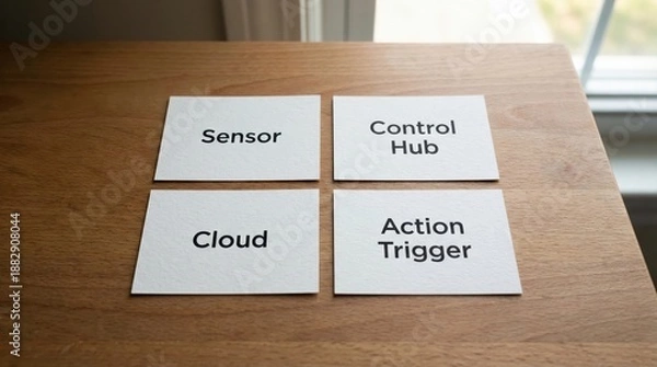 Fototapeta IoT Concept Cards: Sensor, Cloud, Control Hub, Action Trigger