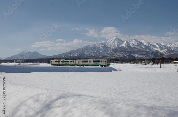 Obraz 雪の妙高山・黒姫山をバックに走る列車