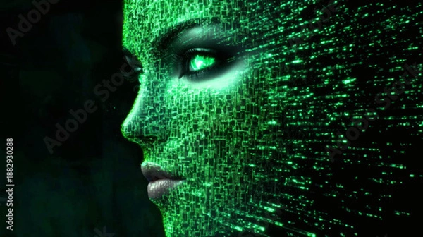 Obraz Futuristic Female Android with Green Digital Code