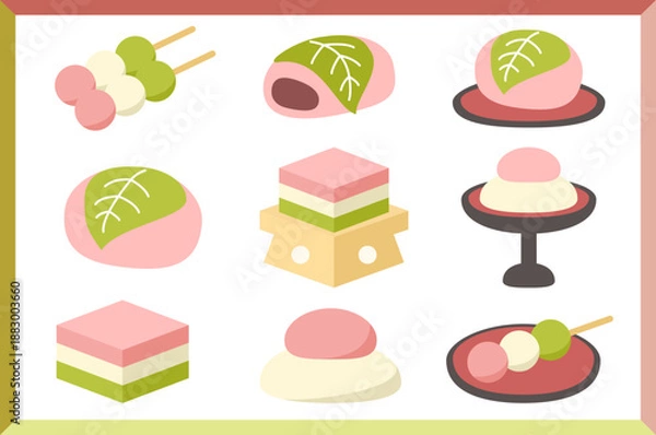 Obraz ひな祭り 餅 桜餅 菱餅 三色団子 ベクターイラスト 春 お祝い