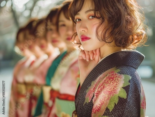 Obraz 華やかな日本の着物を着た複数の若い女性