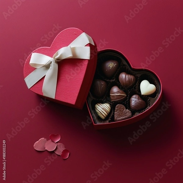 Obraz 赤い背景にハート型の箱に入ったチョコレート