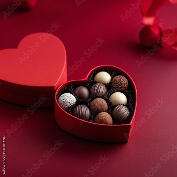 Obraz 赤い背景にハート型の箱に入ったチョコレート