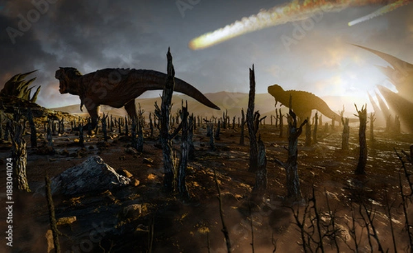 Obraz T-rex dinosaur and asteroid impact, 3d render