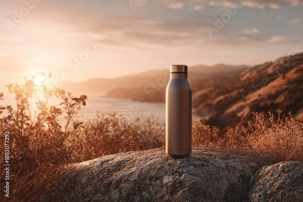 Obraz Reusable bottle resting on a boulder at sunset
