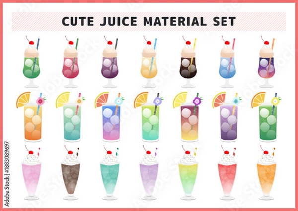 Obraz ハワイアンなトロピカルなジュースやカラフルで可愛らしいアイスフロートのイラスト素材セット
