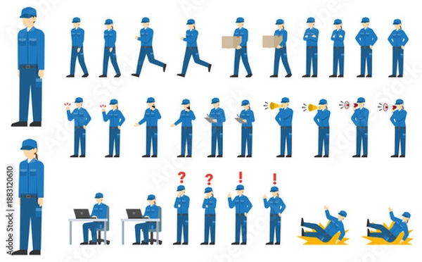 Obraz フラットイラスト：青い作業着とキャップを着た作業員セット