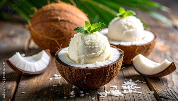 Obraz Coconut Ice Cream in Coconut Shells.