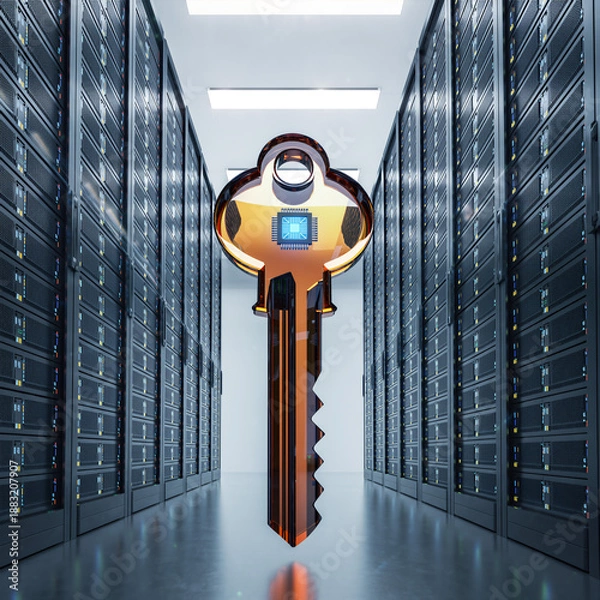 Fototapeta Large server room with a digital key symbol representing data security and access control