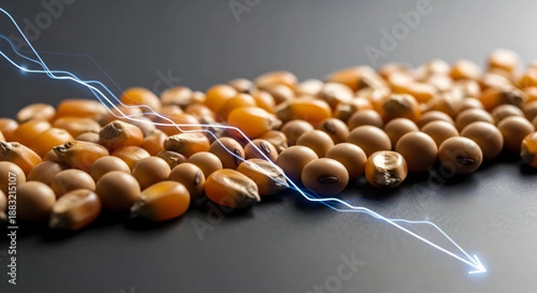 Obraz Corn commodity market crash concept with falling prices graph over kernels.