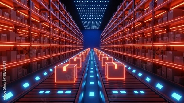 Obraz Infinite digital corridor with illuminated cubes