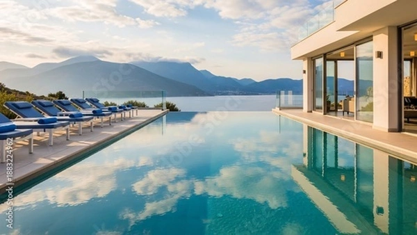 Obraz Serene lakeside infinity pool with mountain view