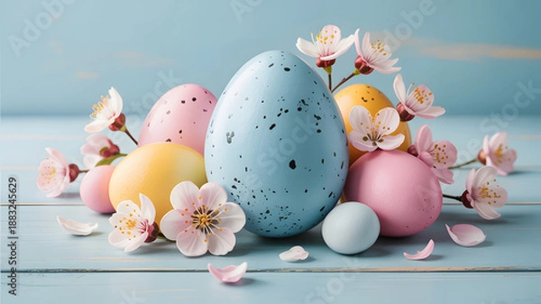 Obraz Easter eggs and flowers on a light blue background