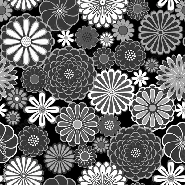 Obraz Black and white circle daisy flowers natural seamless pattern, vector