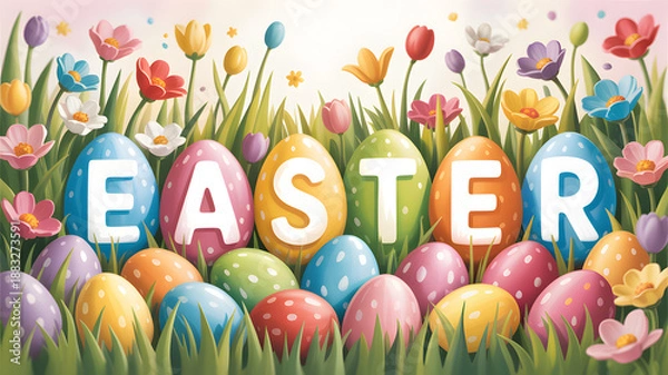 Obraz Vibrant easter eggs and flowers in grass