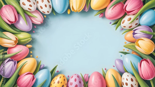 Obraz Easter egg and tulip wreath on light blue background